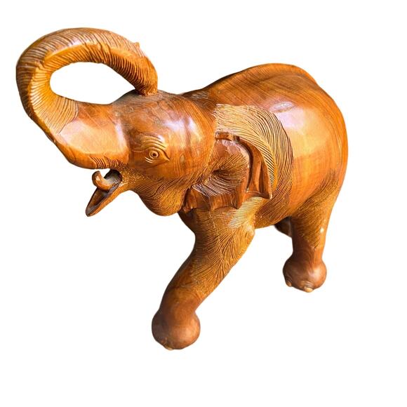 Vintage Hand Carved Large Wooden Elephant Staue Sculpture Trunk Up - Picture 8 of 12